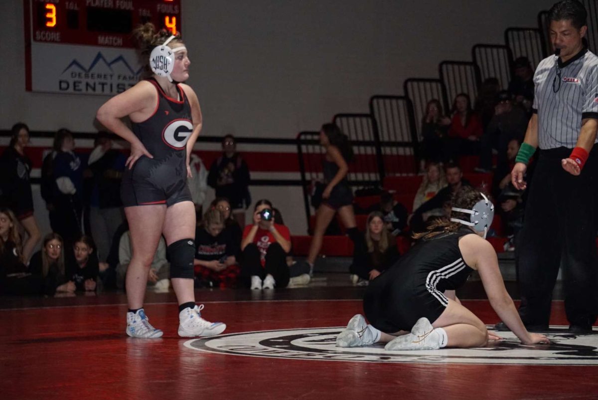 Dakota Bechtol waiting to wrestle her South Summit opponent on 1/23/24 at GHS